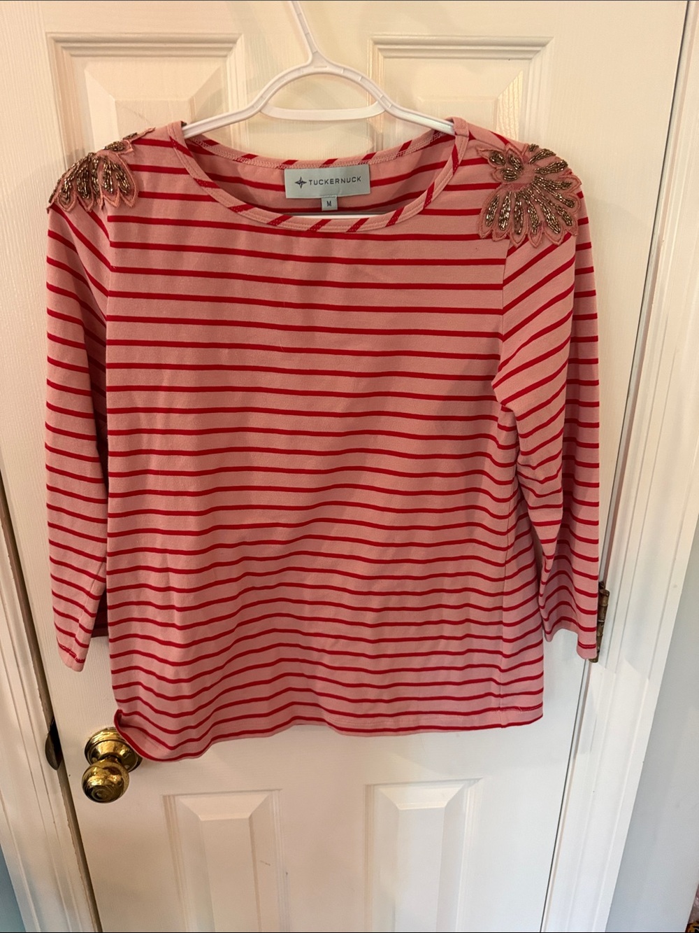 Tuckernuck Pink and Red Striped Long-Sleeve Top with Beaded Shoulders